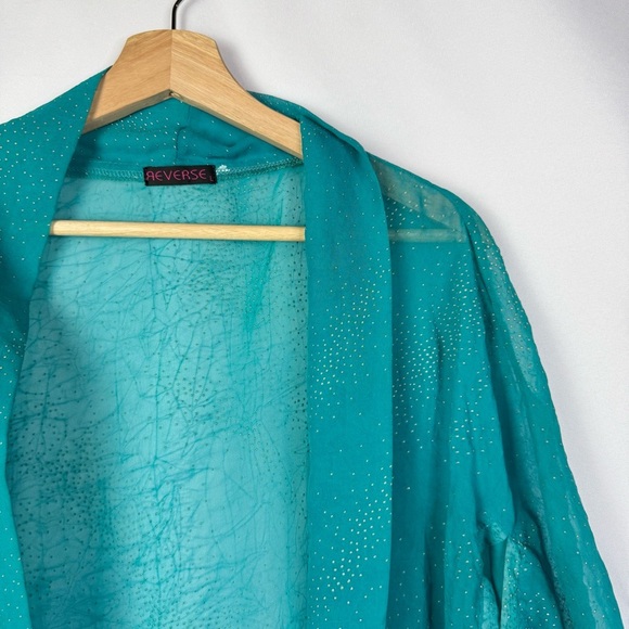Boutique Reverse Teal Blue Gold Studded Kimono Open Front Top OS - Picture 3 of 4